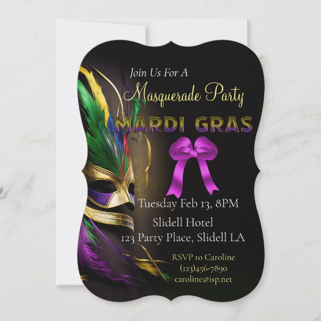 Feathered Mask Mardi Gras Party Invitation (Front)