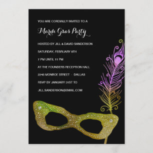 Feathered Mask   Masquerade Mardi Gras Party Invitation