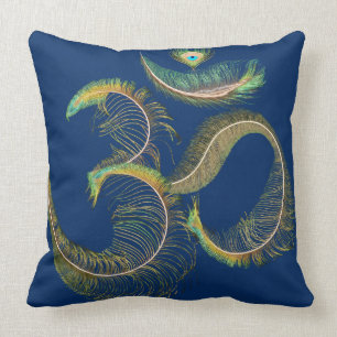 Feathered Om, Indian Peacock Tail. Cushion