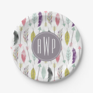 Feathers and Arrows Monogram Paper Plate