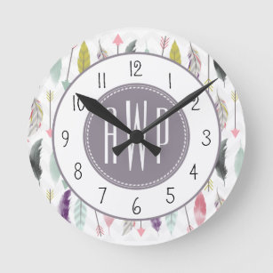 Feathers and Arrows Monogram Round Clock