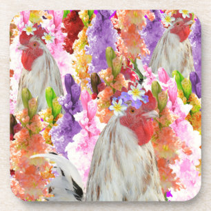 Feathers and Blooms: Rooster Among the Hollyhocks Coaster
