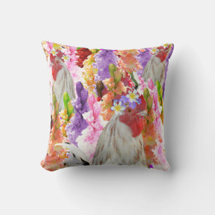 Feathers and Blooms: Rooster Among the Hollyhocks Cushion