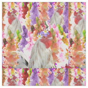 Feathers and Blooms: Rooster Among the Hollyhocks Fabric