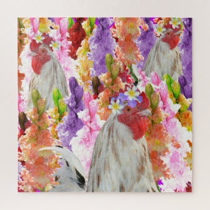 Feathers and Blooms: Rooster Among the Hollyhocks Jigsaw Puzzle