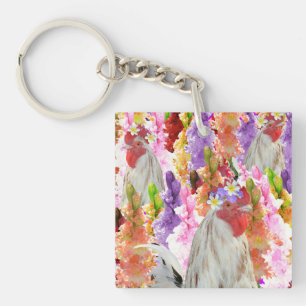 Feathers and Blooms: Rooster Among the Hollyhocks Key Ring