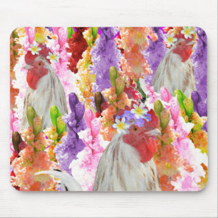 Feathers and Blooms: Rooster Among the Hollyhocks Mouse Pad