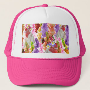 Feathers and Blooms: Rooster Among the Hollyhocks Trucker Hat