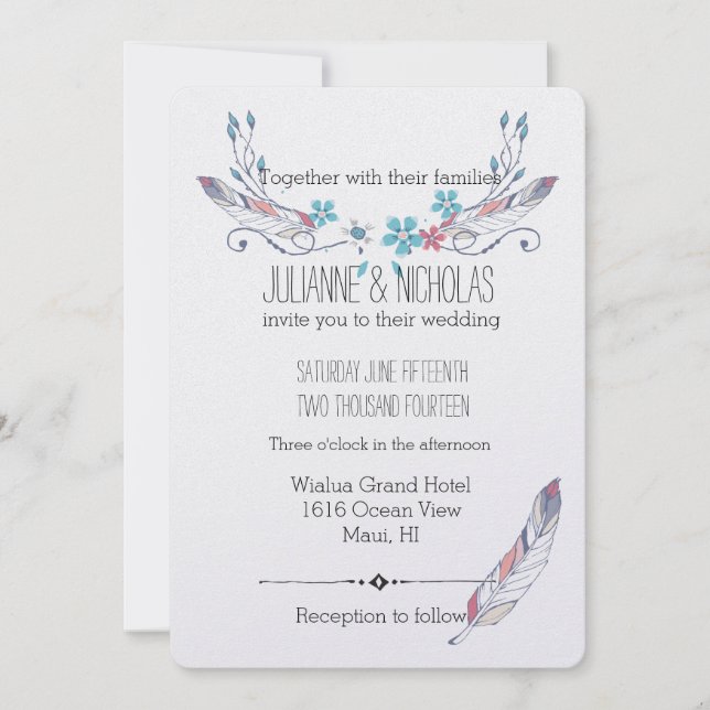 Feathers and Flowers Wedding Invitation (Front)