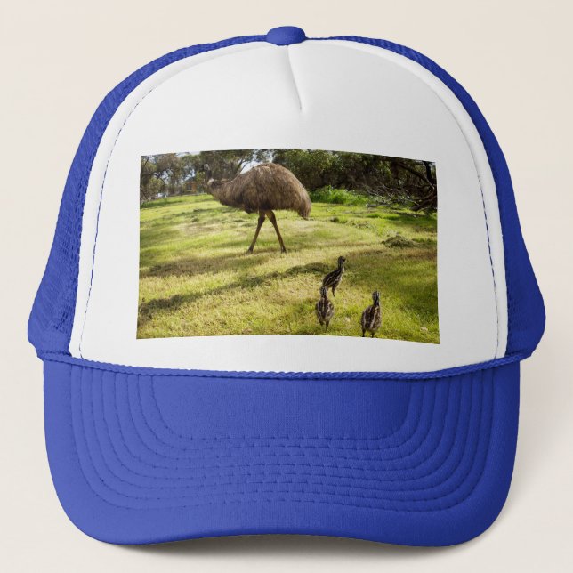 Feathers and Footsteps: A Father Emu With Chicks Trucker Hat (Front)