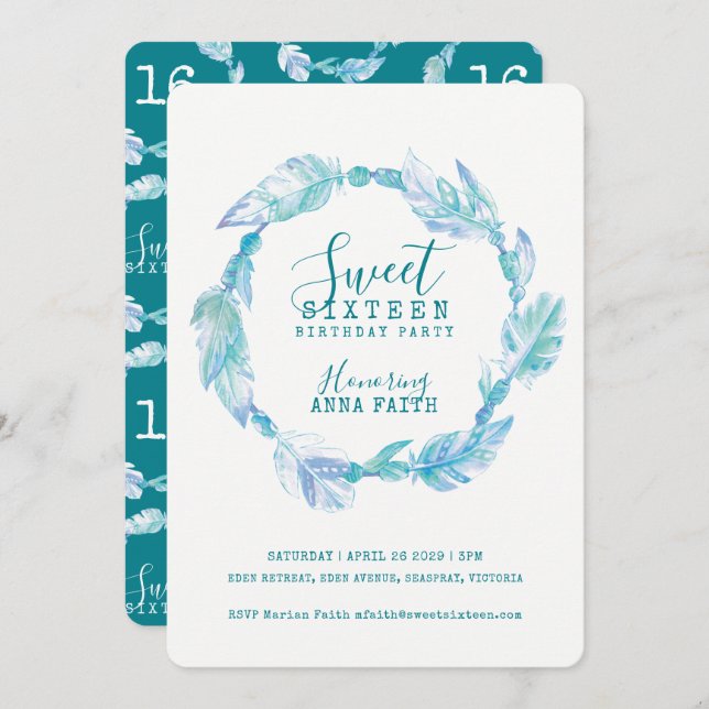 Feathers aqua watercolor sweet sixteen invitations (Front/Back)