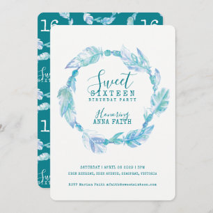 Feathers aqua watercolor sweet sixteen invitations