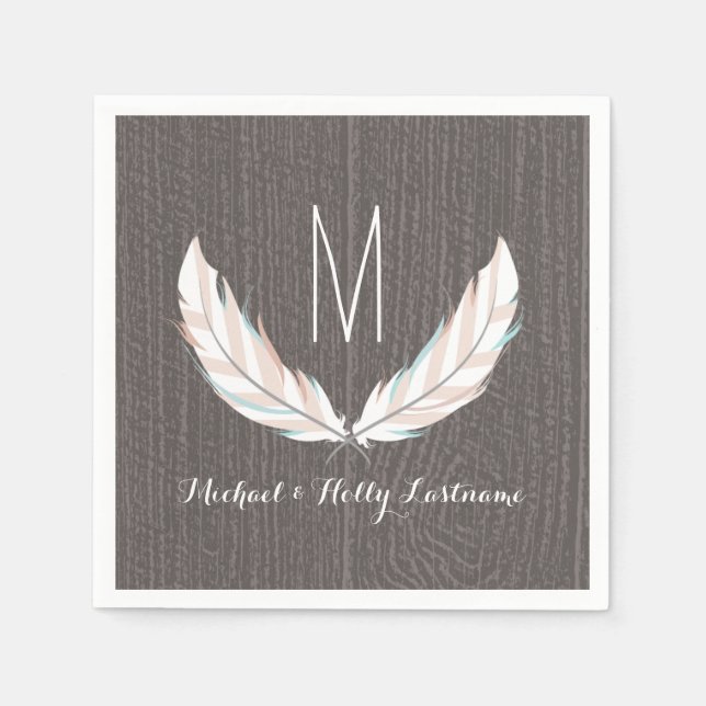 Feathers + Barn Wood Monogram Wedding Napkin (Front)
