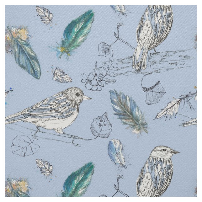 Feathers Birds Leaves Drawing Nature Blue Fabric (Swatch)