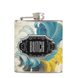 Feathers Black Blue Yellow Hipster Pattern Hip Flask