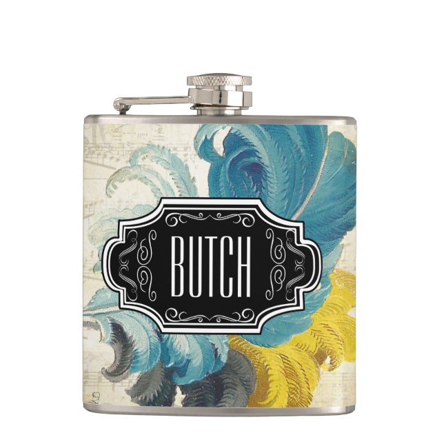 Feathers Black Blue Yellow Hipster Pattern Hip Flask (Front)