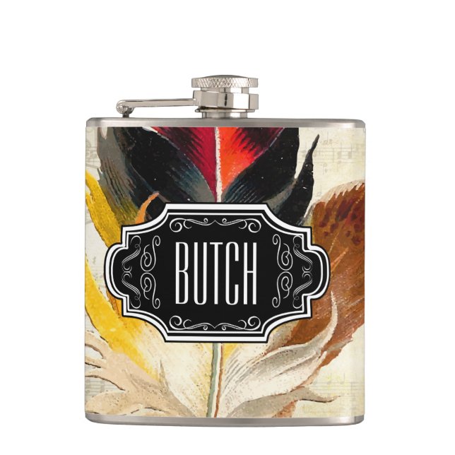 Feathers Black Red Yellow Hipster Pattern Hip Flask (Front)