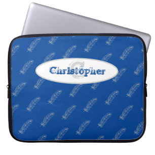 Feathers Blue White Modern Monogram Name Template Laptop Sleeve