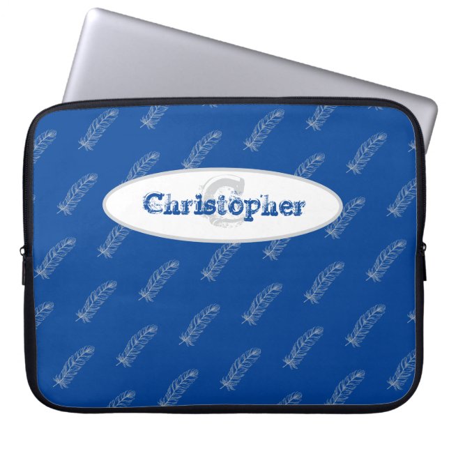 Feathers Blue White Modern Monogram Name Template Laptop Sleeve (Front)