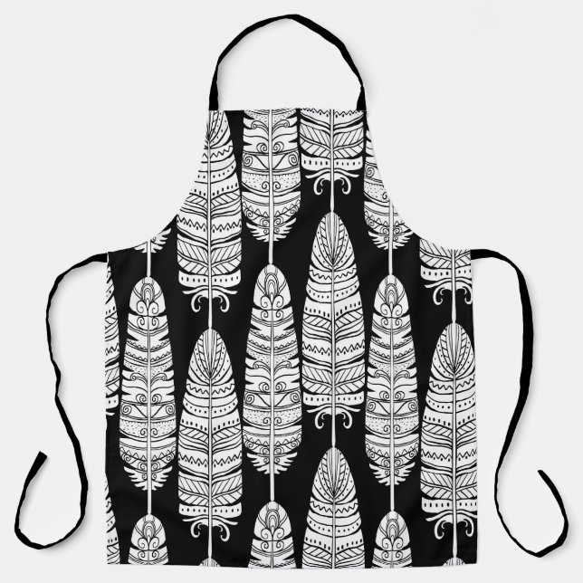 Feathers boho: black and white pattern apron (Front)