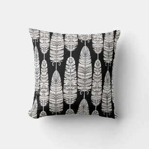 Feathers boho: black and white pattern cushion