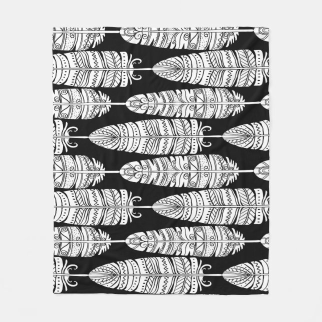 Feathers boho: black and white pattern fleece blanket (Front)