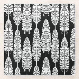 Feathers boho: black and white pattern glass coaster
