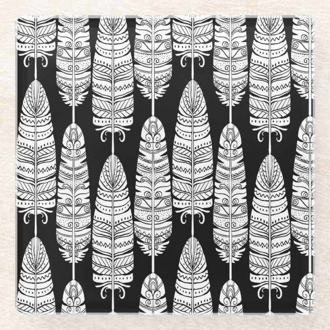Feathers boho: black and white pattern glass coaster (Front)