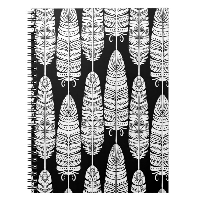 Feathers boho: black and white pattern notebook (Front)
