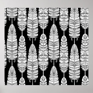 Feathers boho: black and white pattern poster