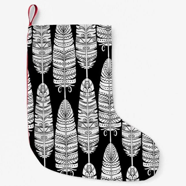 Feathers boho: black and white pattern small christmas stocking (Front)