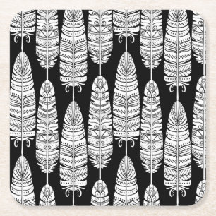 Feathers boho: black and white pattern square paper coaster