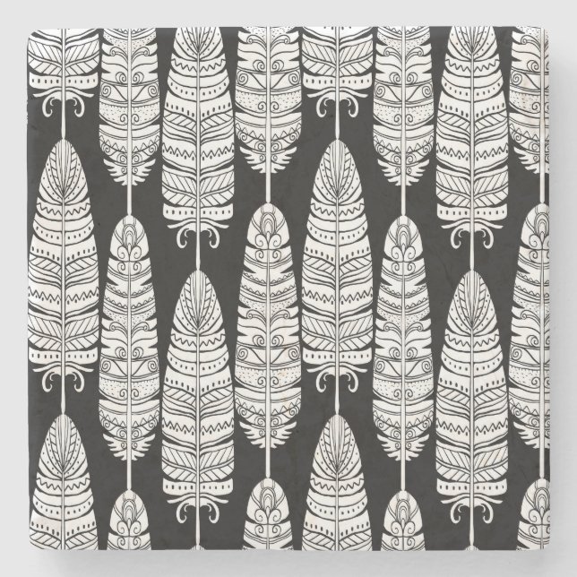 Feathers boho: black and white pattern stone coaster (Front)