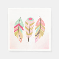 Feathers Boho Paper Napkins Pink Gold Girl Wild