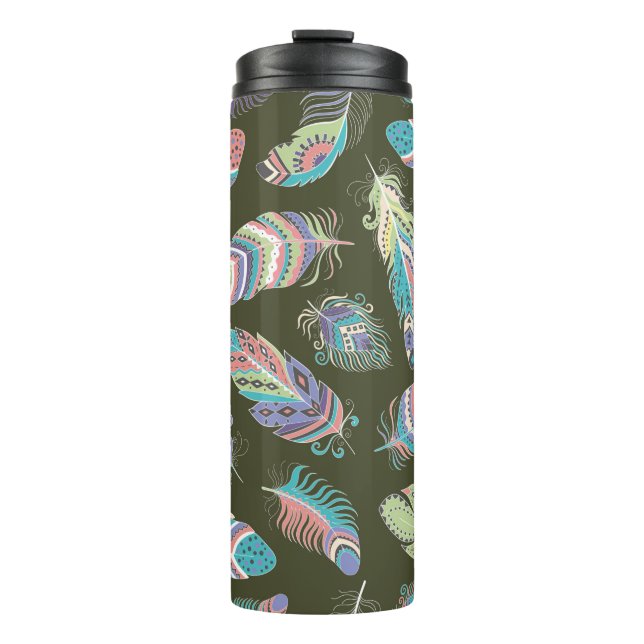 Feathers Boho Seamless Pattern. Tribal Ethnic Back Thermal Tumbler (Front)