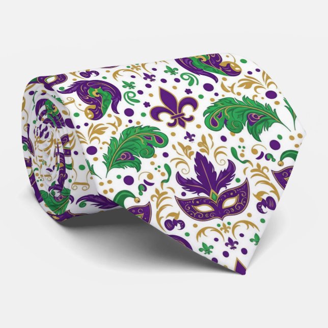 Feathers & Fleur-de-Fun Mardi Gras Tie (Rolled)