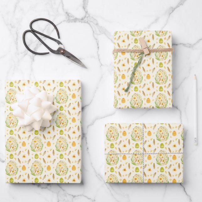 Feathers Flowers Easter Eggs Springtime Pattern Wrapping Paper Sheet (Front)