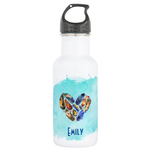 Feathers In A Heart Shape Personalised 532 Ml Water Bottle (Front)