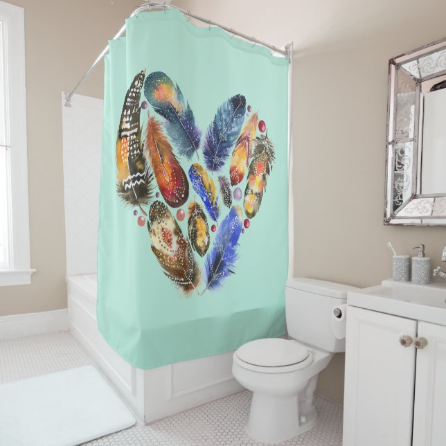 Feathers In A Heart Shape Watercolor Design Shower Curtain (In Situ)
