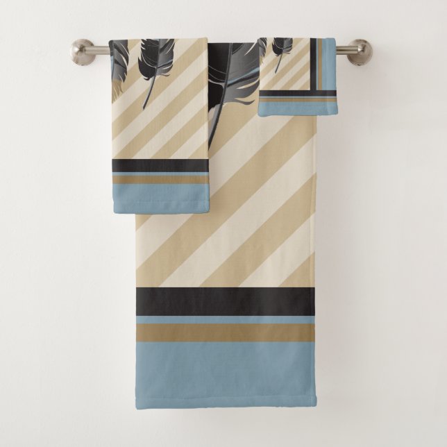 Feathers in Blue, Grey and Brown Bath Towel Set (Insitu)