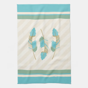 Feathers in Cream, Blue and Green Tea Towel