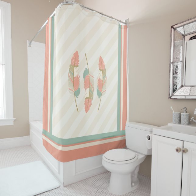 Feathers in Cream, Coral and Mint Green Shower Curtain (In Situ)