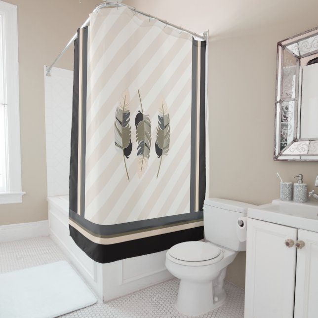 Feathers in Cream, Grey and Black Shower Curtain (In Situ)