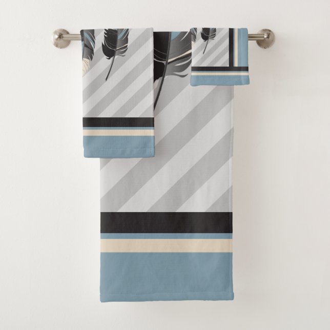 Feathers in Cream, Grey and Blue Bath Towel Set (Insitu)