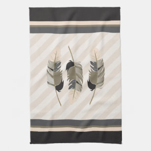 Feathers in Cream, Grey and Brown Tea Towel