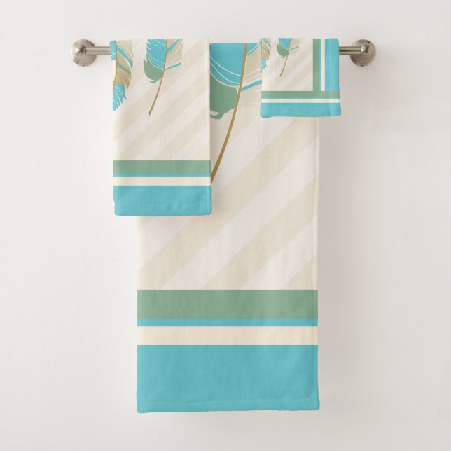 Feathers in Cream, Teal and Green Bath Towel Set (Insitu)