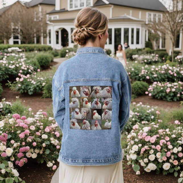 "Feathers in Focus: A White Chicken's Portrait" Denim Jacket (Wedding Back)