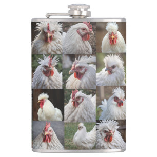 "Feathers in Focus: A White Chicken's Portrait" Hip Flask