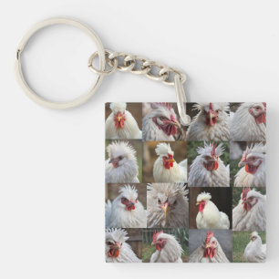 "Feathers in Focus: A White Chicken's Portrait" Key Ring