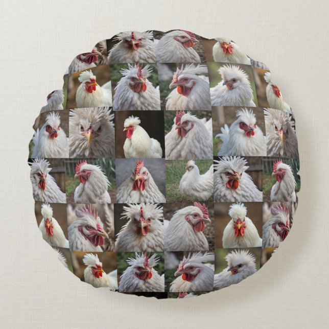 "Feathers in Focus: A White Chicken's Portrait" Round Cushion (Front)